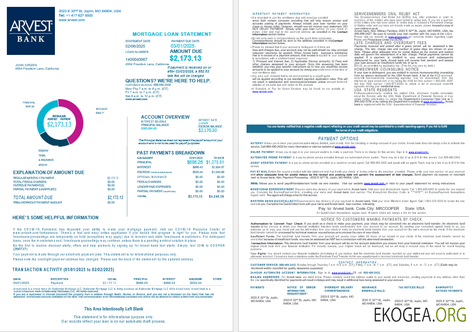 Relevé de prêt hypothécaire de la banque USA Arvest aux formats Word et PDF, 4 pages 1, 2